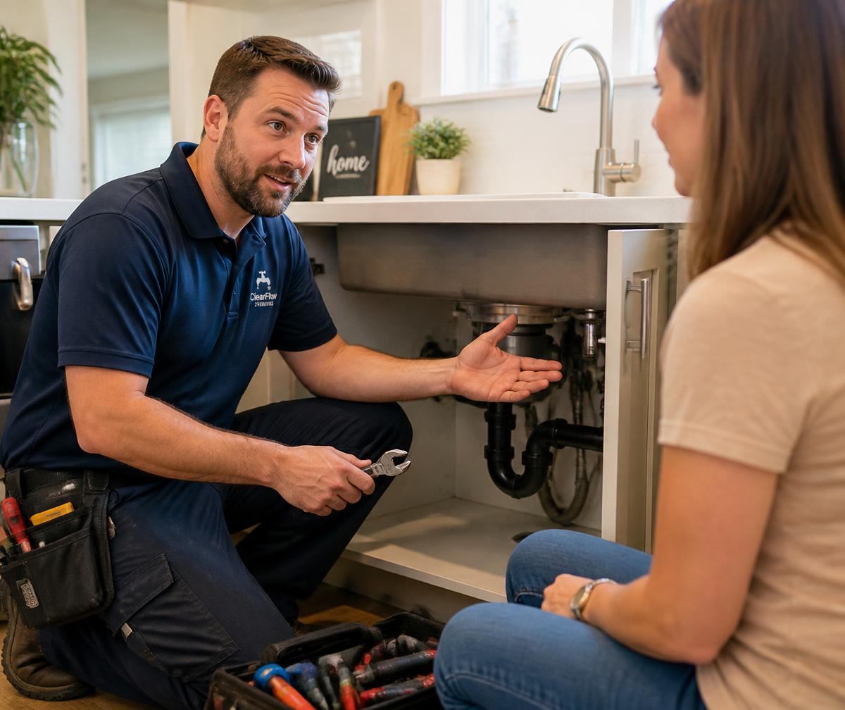 Plumbing technician explaining a kitchen sink repair to a homeowner